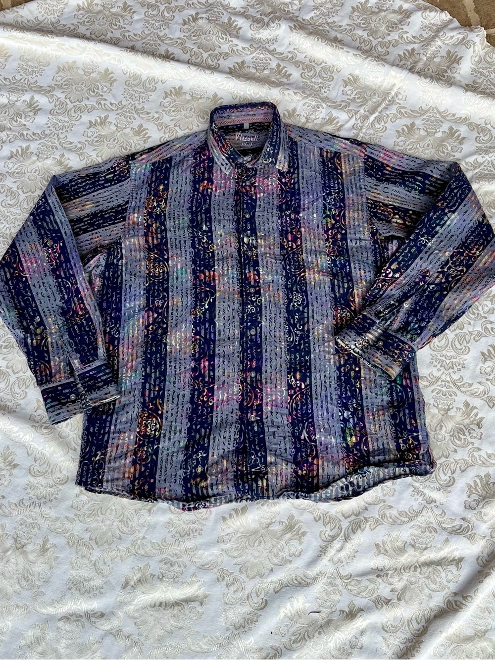 Luchiano Visconti Black Large L Long Sleeve Button Up Shirt Blue Abstract Stripe
